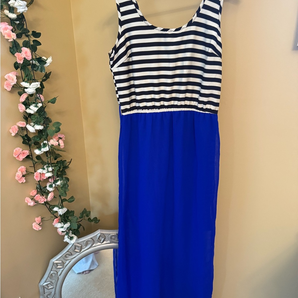 Striped top dress in a Royal blue bottom